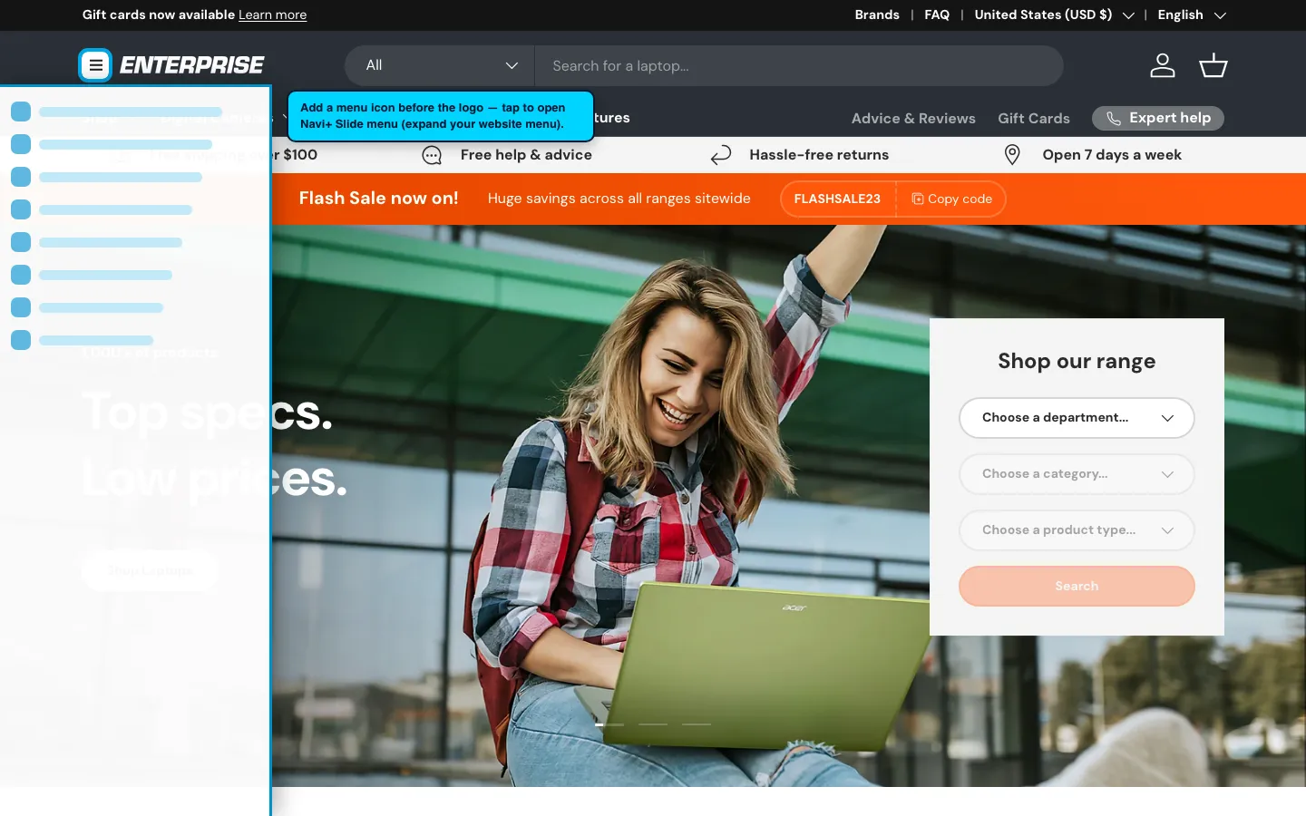 Navi+ trigger icon before the logo on the Enterprise Shopify theme Navi+ trigger icon before the logo on the Enterprise Shopify theme