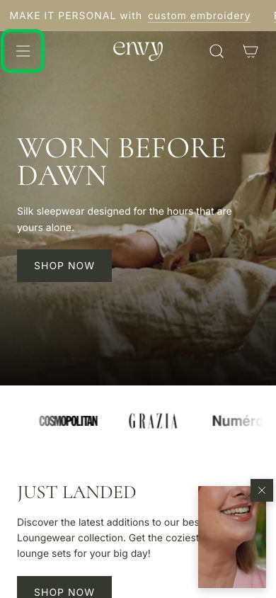 Hamburger → panel opened — Navi+ on the Envy Shopify theme