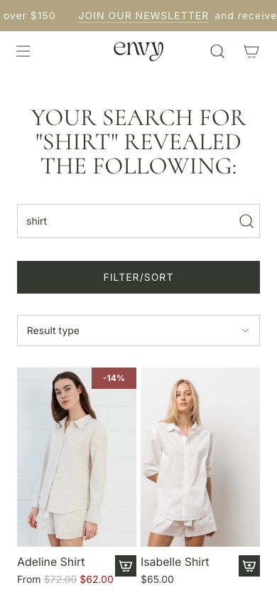 Search → panel opened — Navi+ on the Envy Shopify theme