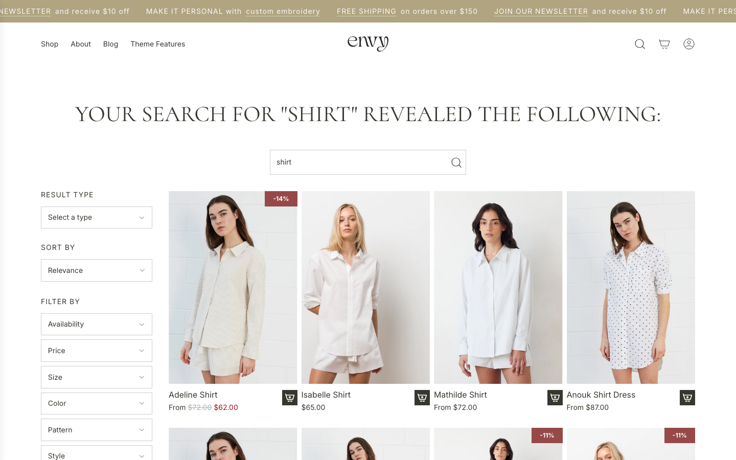 Search → panel opened — Navi+ on the Envy Shopify theme