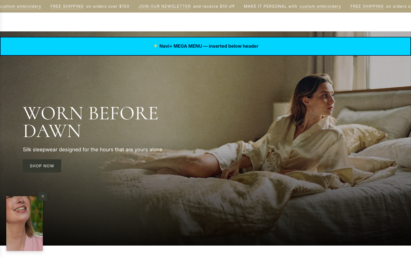 Menu inserted below header — Navi+ on the Envy Shopify theme