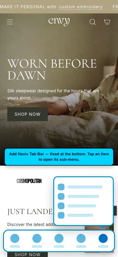 Navi+ Tab Bar on the Envy Shopify theme Navi+ Tab Bar on the Envy Shopify theme
