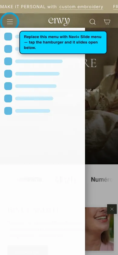 Navi+ Slide Menu on the Envy Shopify theme Navi+ Slide Menu on the Envy Shopify theme