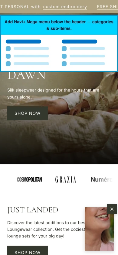 Navi+ mobile Mega Menu on the Envy Shopify theme Navi+ mobile Mega Menu on the Envy Shopify theme