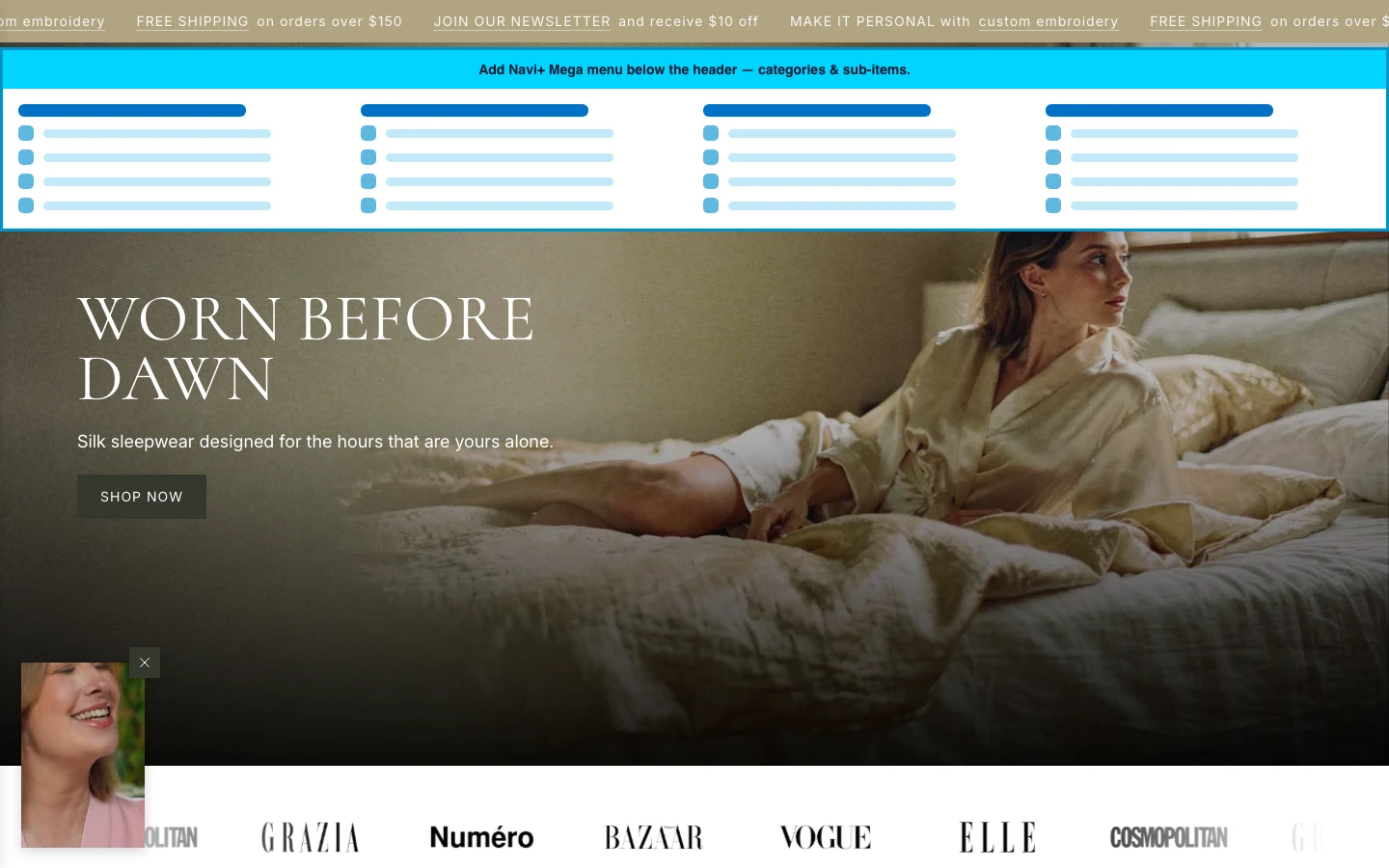 Navi+ Mega Menu inserted below the header on the Envy Shopify theme Navi+ Mega Menu inserted below the header on the Envy Shopify theme