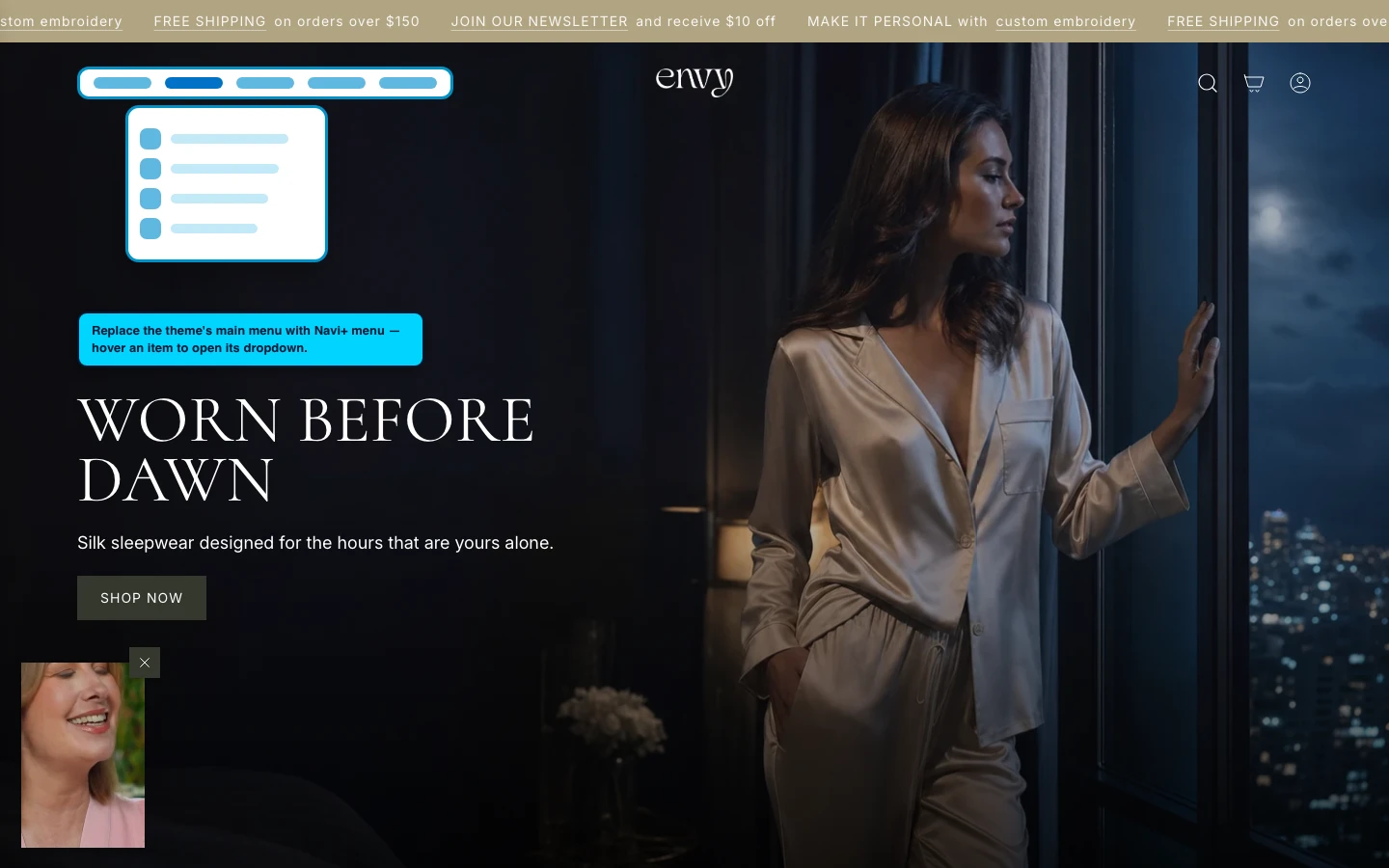 Navi+ Mega Menu replacing the desktop menu on the Envy Shopify theme Navi+ Mega Menu replacing the desktop menu on the Envy Shopify theme