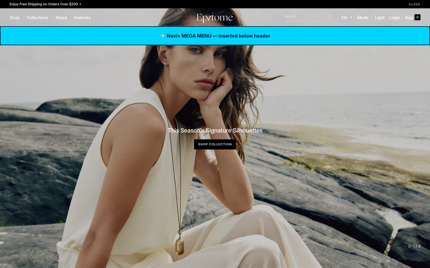 Menu inserted below header — Navi+ on the Epitome Shopify theme Menu inserted below header — Navi+ on the Epitome Shopify theme
