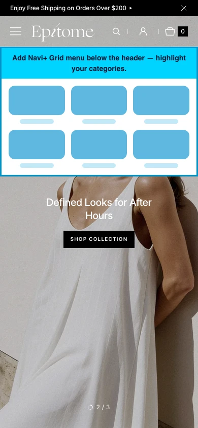 Navi+ Grid Menu on the Epitome Shopify theme Navi+ Grid Menu on the Epitome Shopify theme