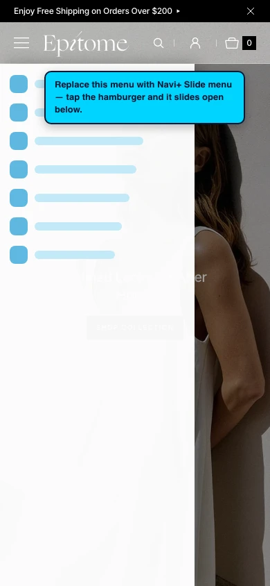 Navi+ Slide Menu on the Epitome Shopify theme Navi+ Slide Menu on the Epitome Shopify theme