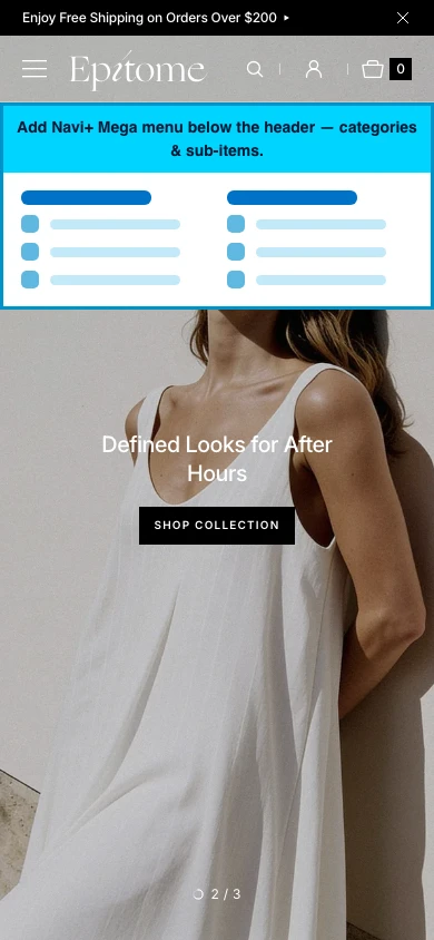 Navi+ mobile Mega Menu on the Epitome Shopify theme Navi+ mobile Mega Menu on the Epitome Shopify theme