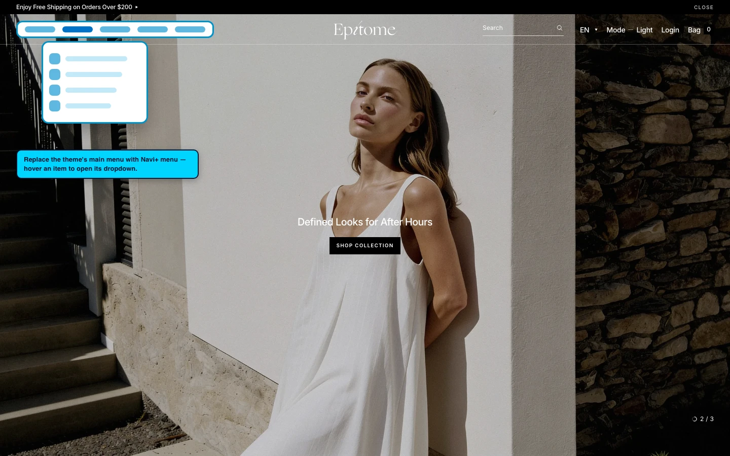 Navi+ Mega Menu replacing the desktop menu on the Epitome Shopify theme Navi+ Mega Menu replacing the desktop menu on the Epitome Shopify theme