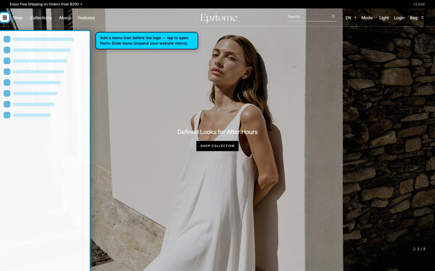 Navi+ trigger icon before the logo on the Epitome Shopify theme Navi+ trigger icon before the logo on the Epitome Shopify theme