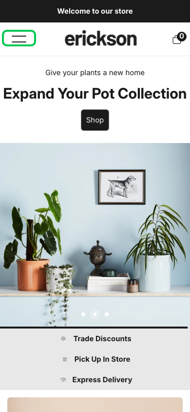 Hamburger → panel opened — Navi+ on the Erickson Shopify theme Hamburger → panel opened — Navi+ on the Erickson Shopify theme