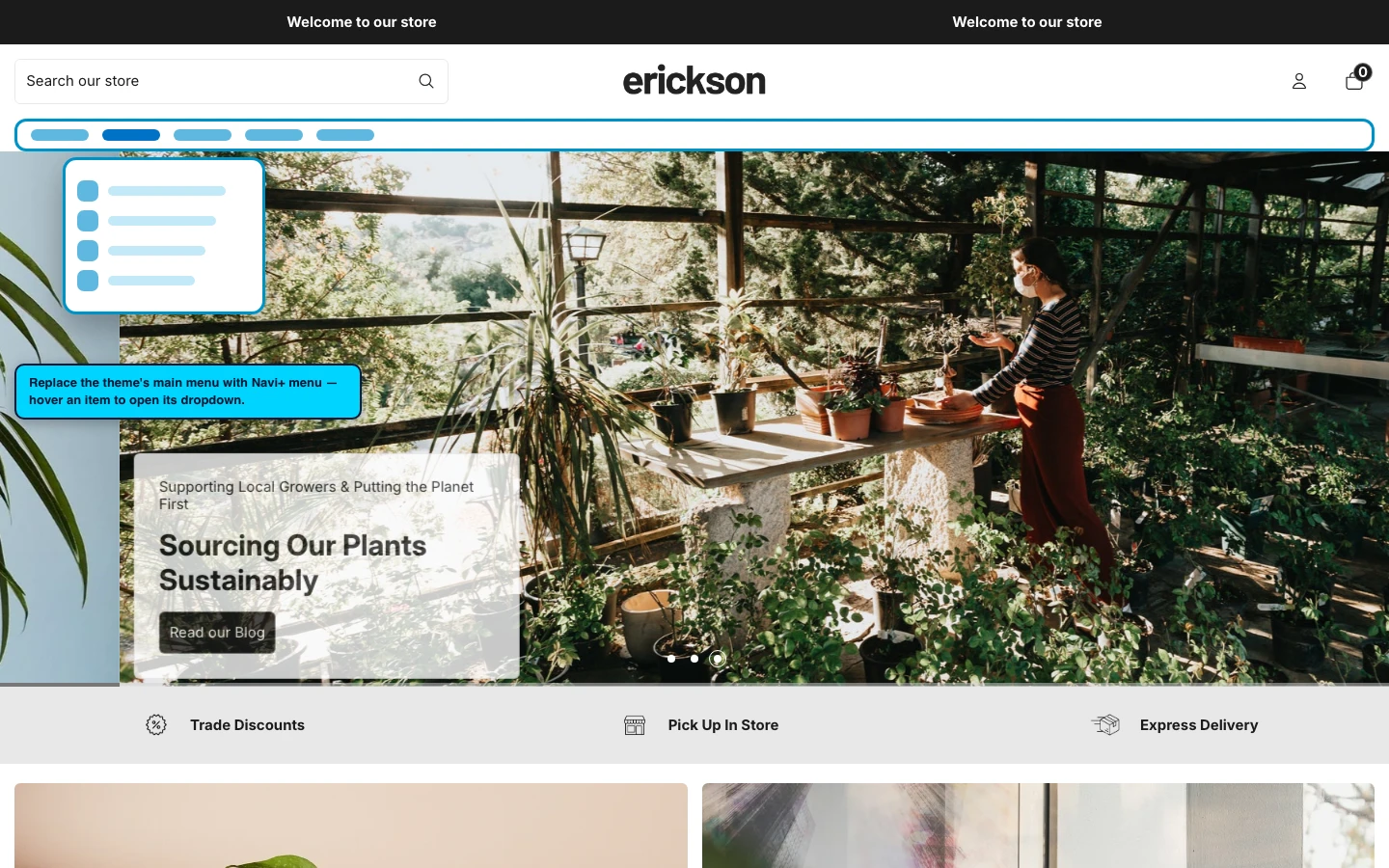 Navi+ Mega Menu replacing the desktop menu on the Erickson Shopify theme Navi+ Mega Menu replacing the desktop menu on the Erickson Shopify theme