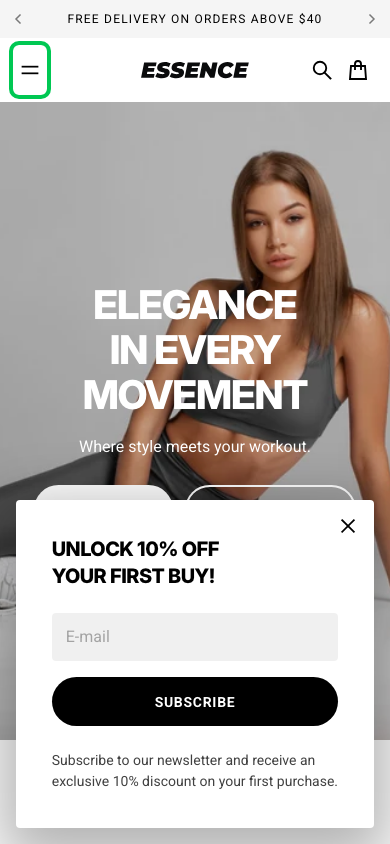 Hamburger → panel opened — Navi+ on the Essence Shopify theme Hamburger → panel opened — Navi+ on the Essence Shopify theme