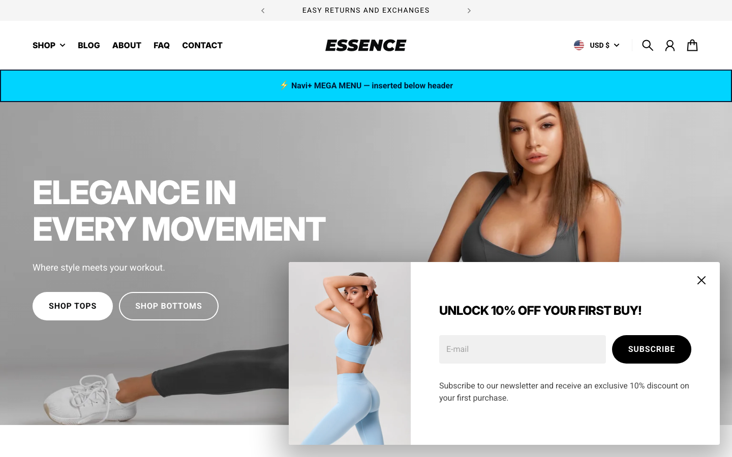 Menu inserted below header — Navi+ on the Essence Shopify theme Menu inserted below header — Navi+ on the Essence Shopify theme