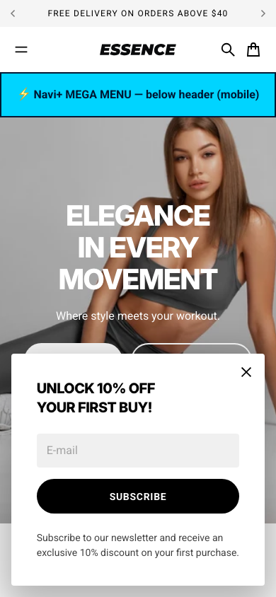 Menu inserted below header — Navi+ on the Essence Shopify theme Menu inserted below header — Navi+ on the Essence Shopify theme
