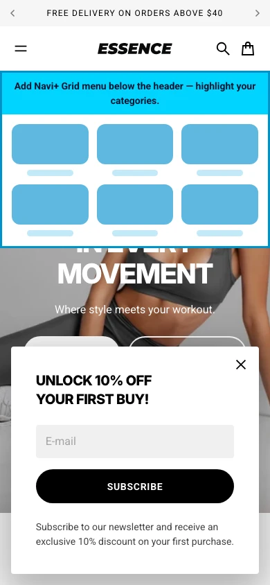 Navi+ Grid Menu on the Essence Shopify theme Navi+ Grid Menu on the Essence Shopify theme