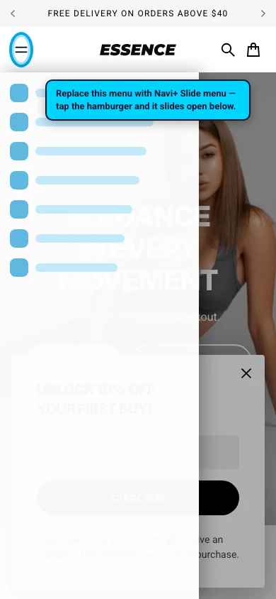 Navi+ Slide Menu on the Essence Shopify theme Navi+ Slide Menu on the Essence Shopify theme