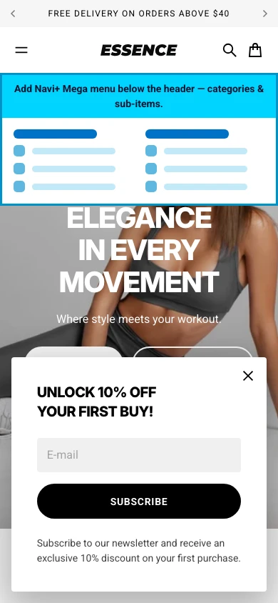 Navi+ mobile Mega Menu on the Essence Shopify theme Navi+ mobile Mega Menu on the Essence Shopify theme
