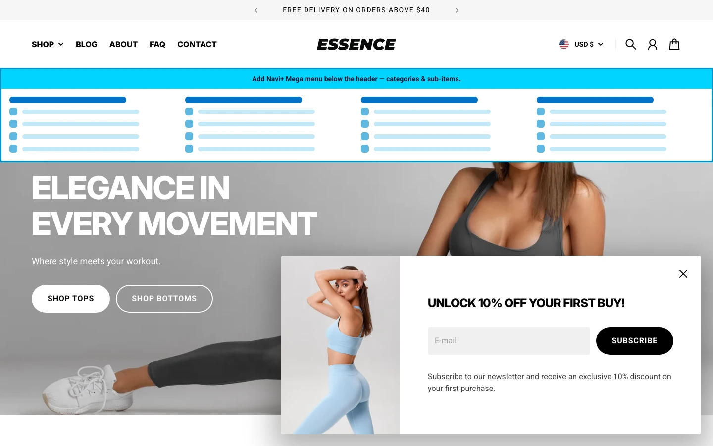 Navi+ Mega Menu inserted below the header on the Essence Shopify theme Navi+ Mega Menu inserted below the header on the Essence Shopify theme