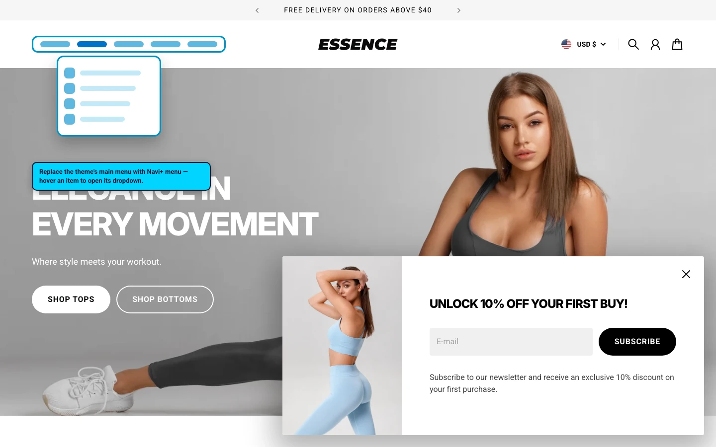 Navi+ Mega Menu replacing the desktop menu on the Essence Shopify theme Navi+ Mega Menu replacing the desktop menu on the Essence Shopify theme