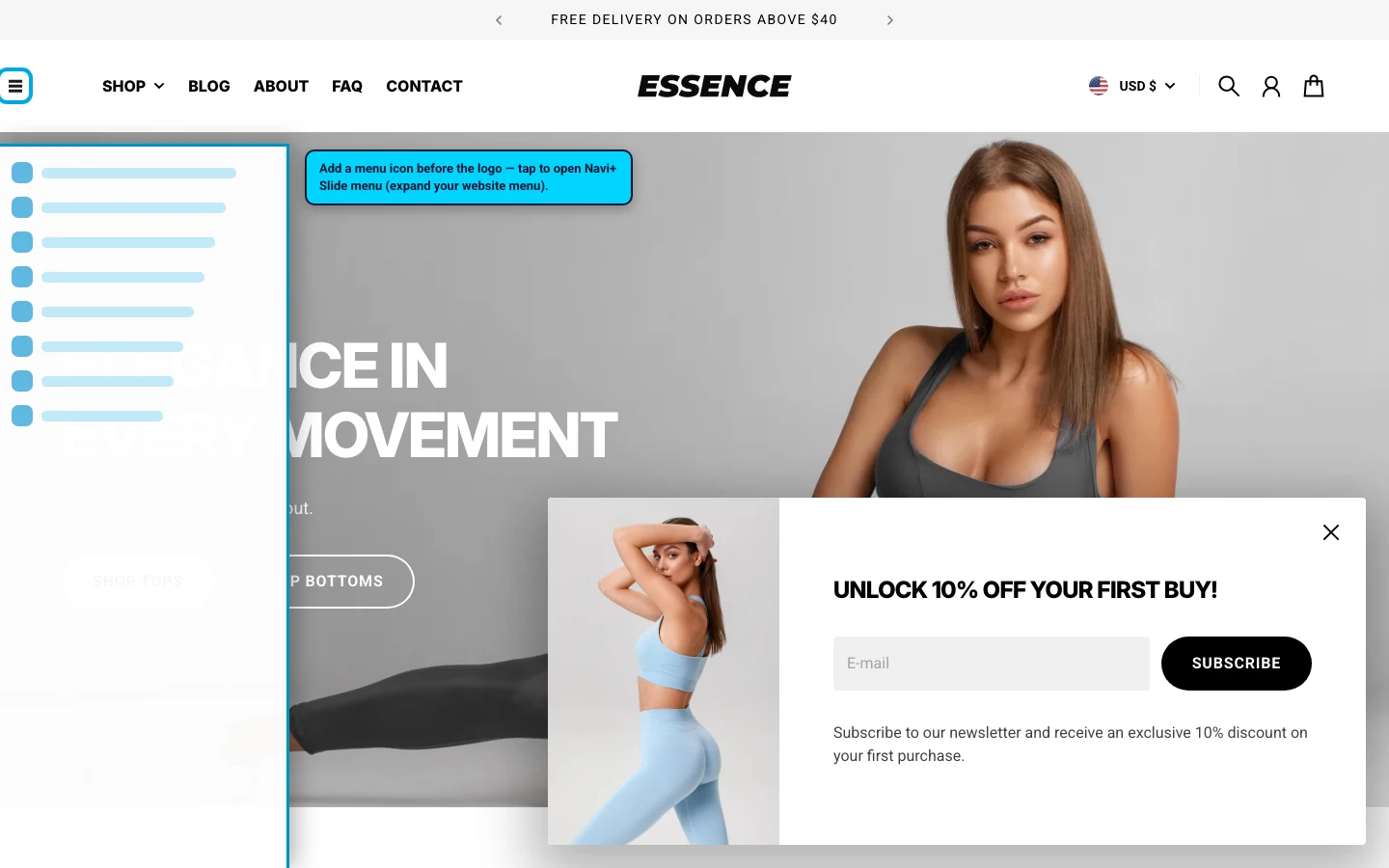 Navi+ trigger icon before the logo on the Essence Shopify theme Navi+ trigger icon before the logo on the Essence Shopify theme