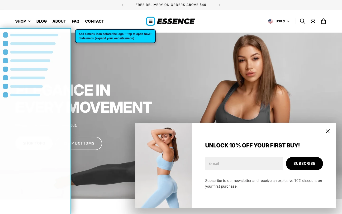 Navi+ trigger icon before the logo on the Essence Shopify theme Navi+ trigger icon before the logo on the Essence Shopify theme