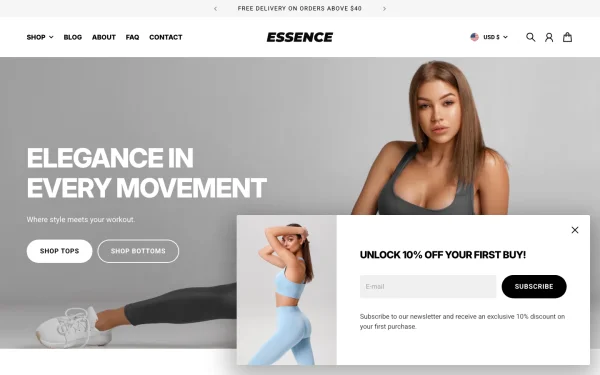 Full-page desktop screenshot of Shopify Essence theme demo store
