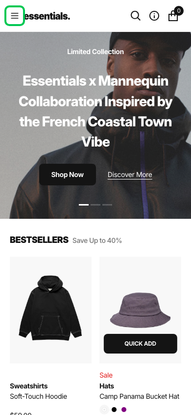 Hamburger → panel opened — Navi+ on the Essentials Shopify theme Hamburger → panel opened — Navi+ on the Essentials Shopify theme