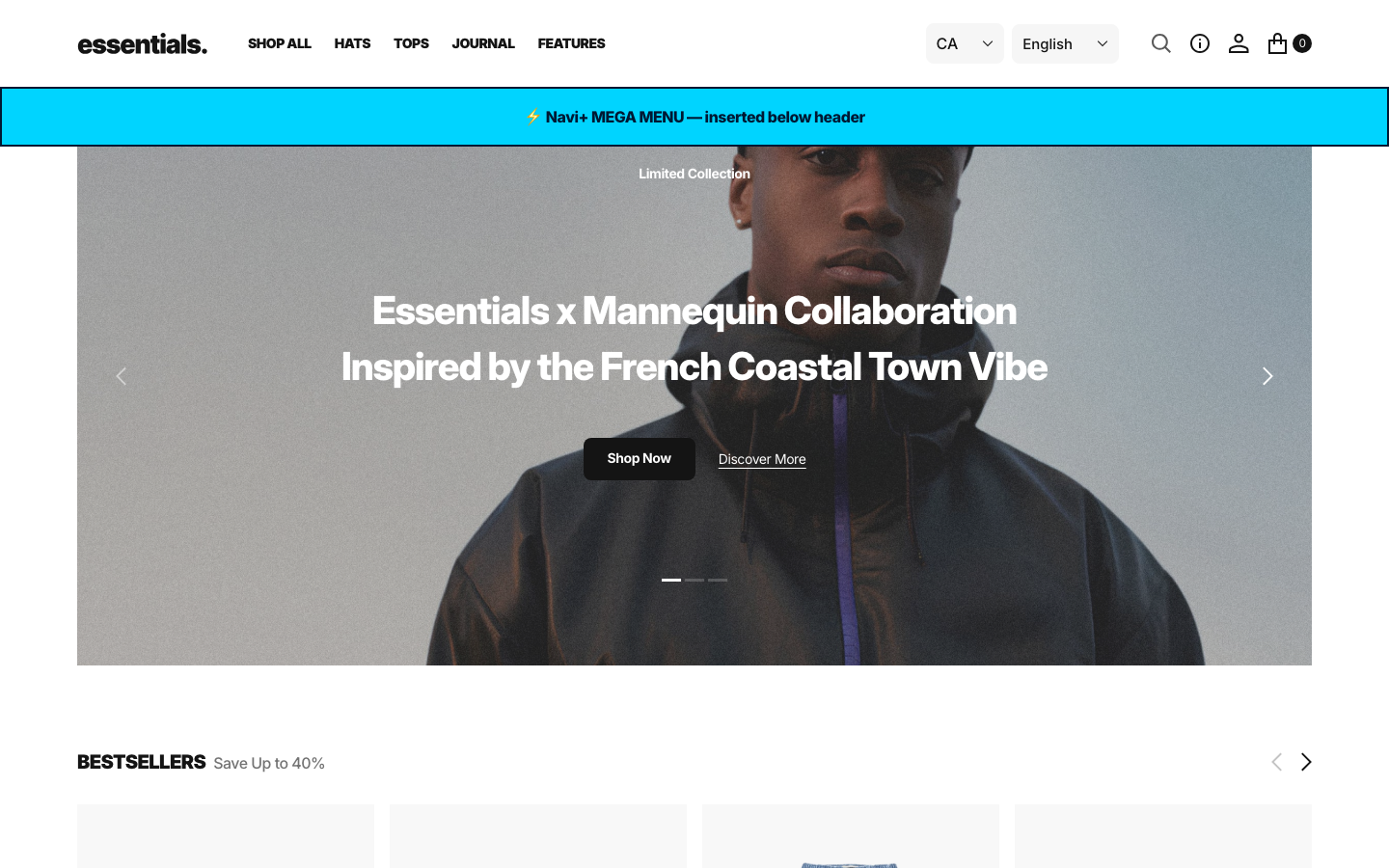 Menu inserted below header — Navi+ on the Essentials Shopify theme Menu inserted below header — Navi+ on the Essentials Shopify theme