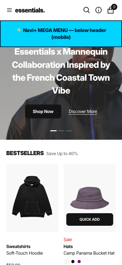 Menu inserted below header — Navi+ on the Essentials Shopify theme Menu inserted below header — Navi+ on the Essentials Shopify theme