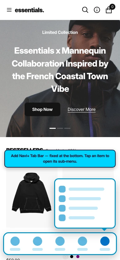 Navi+ Tab Bar on the Essentials Shopify theme Navi+ Tab Bar on the Essentials Shopify theme