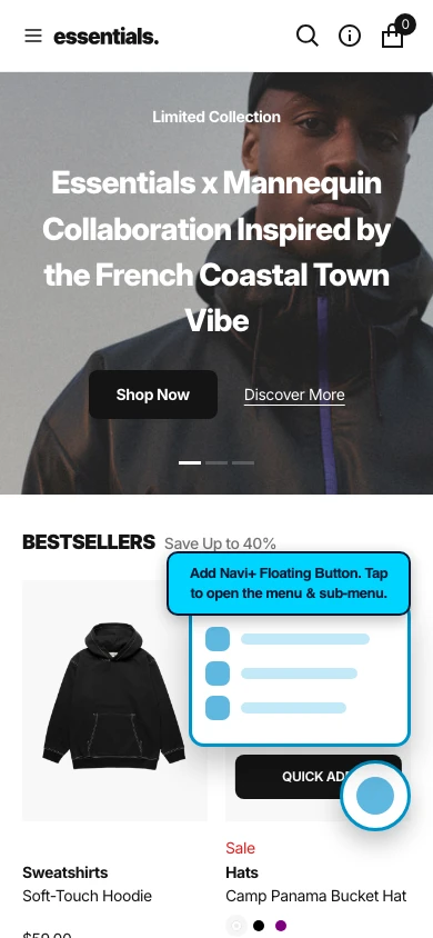 Navi+ FAB on the Essentials Shopify theme Navi+ FAB on the Essentials Shopify theme