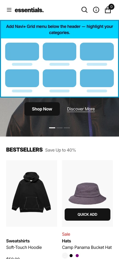 Navi+ Grid Menu on the Essentials Shopify theme Navi+ Grid Menu on the Essentials Shopify theme