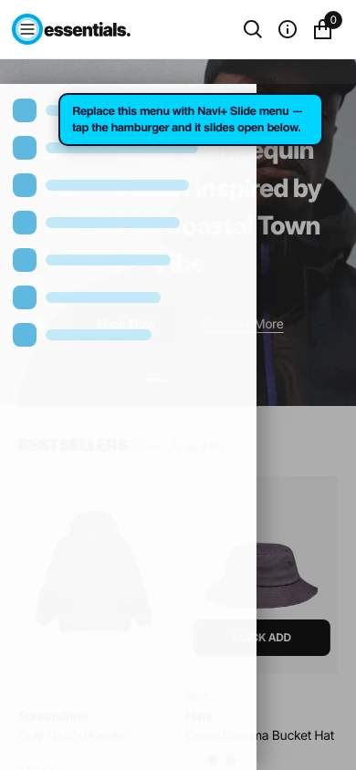Navi+ Slide Menu on the Essentials Shopify theme Navi+ Slide Menu on the Essentials Shopify theme