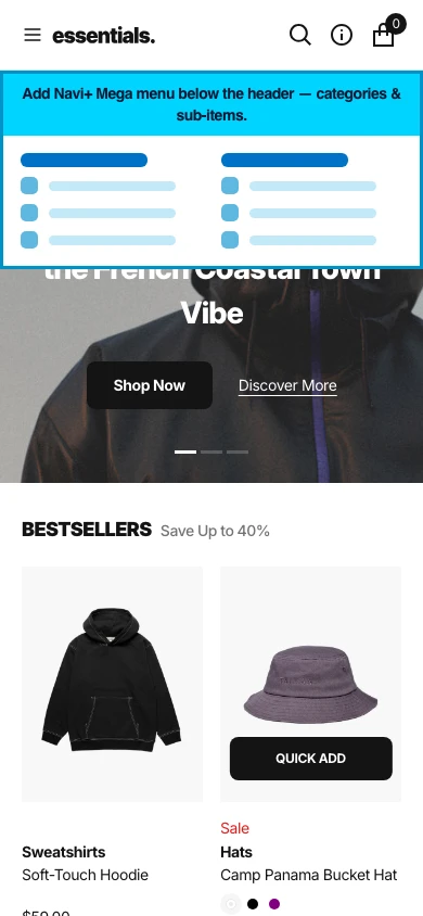 Navi+ mobile Mega Menu on the Essentials Shopify theme Navi+ mobile Mega Menu on the Essentials Shopify theme