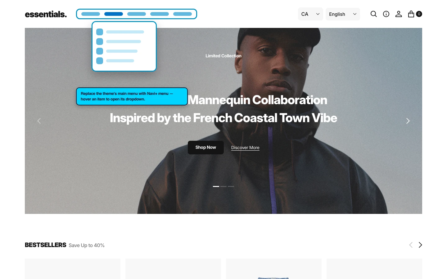 Navi+ Mega Menu replacing the desktop menu on the Essentials Shopify theme Navi+ Mega Menu replacing the desktop menu on the Essentials Shopify theme