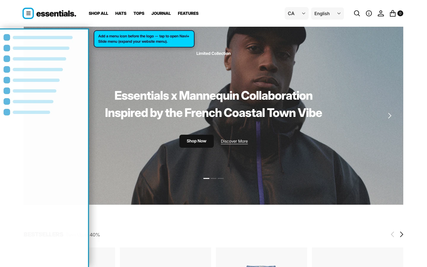 Navi+ trigger icon before the logo on the Essentials Shopify theme Navi+ trigger icon before the logo on the Essentials Shopify theme