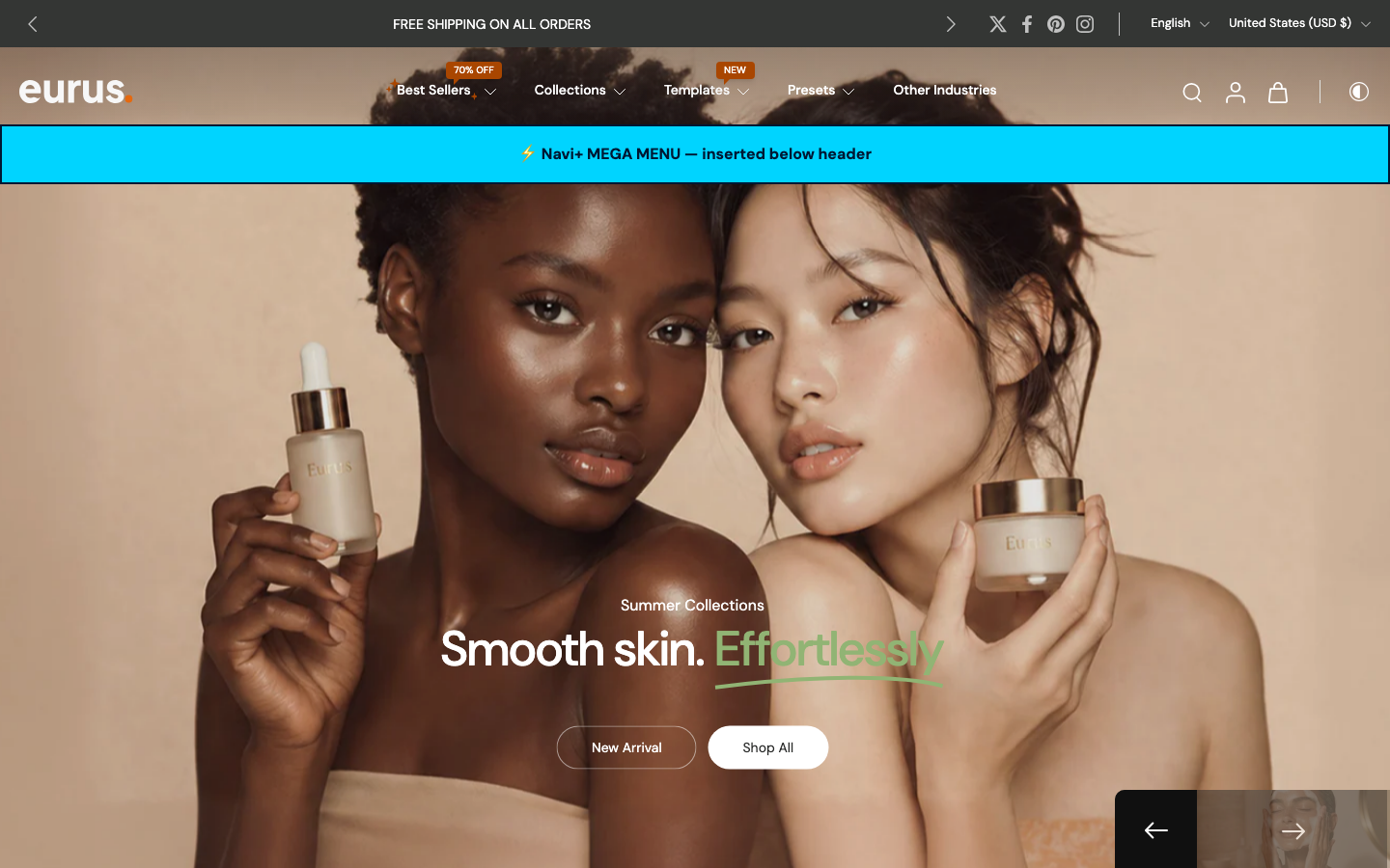 Menu inserted below header — Navi+ on the Eurus Shopify theme Menu inserted below header — Navi+ on the Eurus Shopify theme