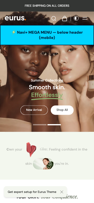 Menu inserted below header — Navi+ on the Eurus Shopify theme Menu inserted below header — Navi+ on the Eurus Shopify theme