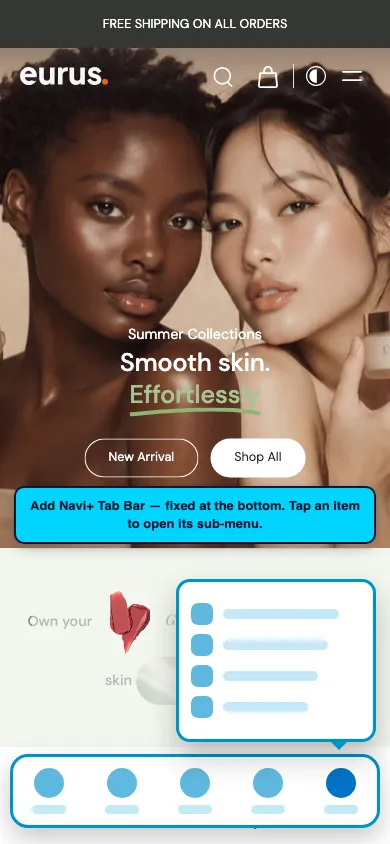 Navi+ Tab Bar on the Eurus Shopify theme
