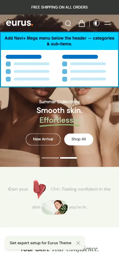 Navi+ mobile Mega Menu on the Eurus Shopify theme