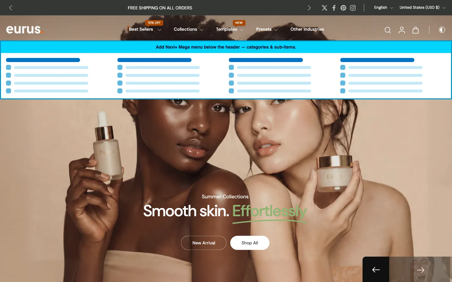 Navi+ Mega Menu inserted below the header on the Eurus Shopify theme