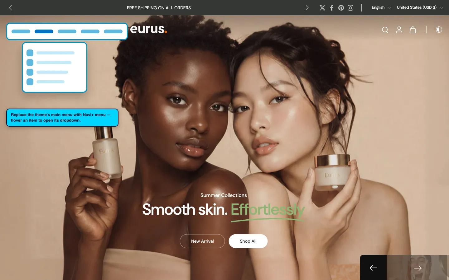 Navi+ Mega Menu replacing the desktop menu on the Eurus Shopify theme