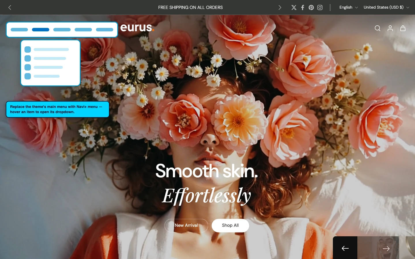 Navi+ Mega Menu replacing the desktop menu on the Eurus Shopify theme Navi+ Mega Menu replacing the desktop menu on the Eurus Shopify theme