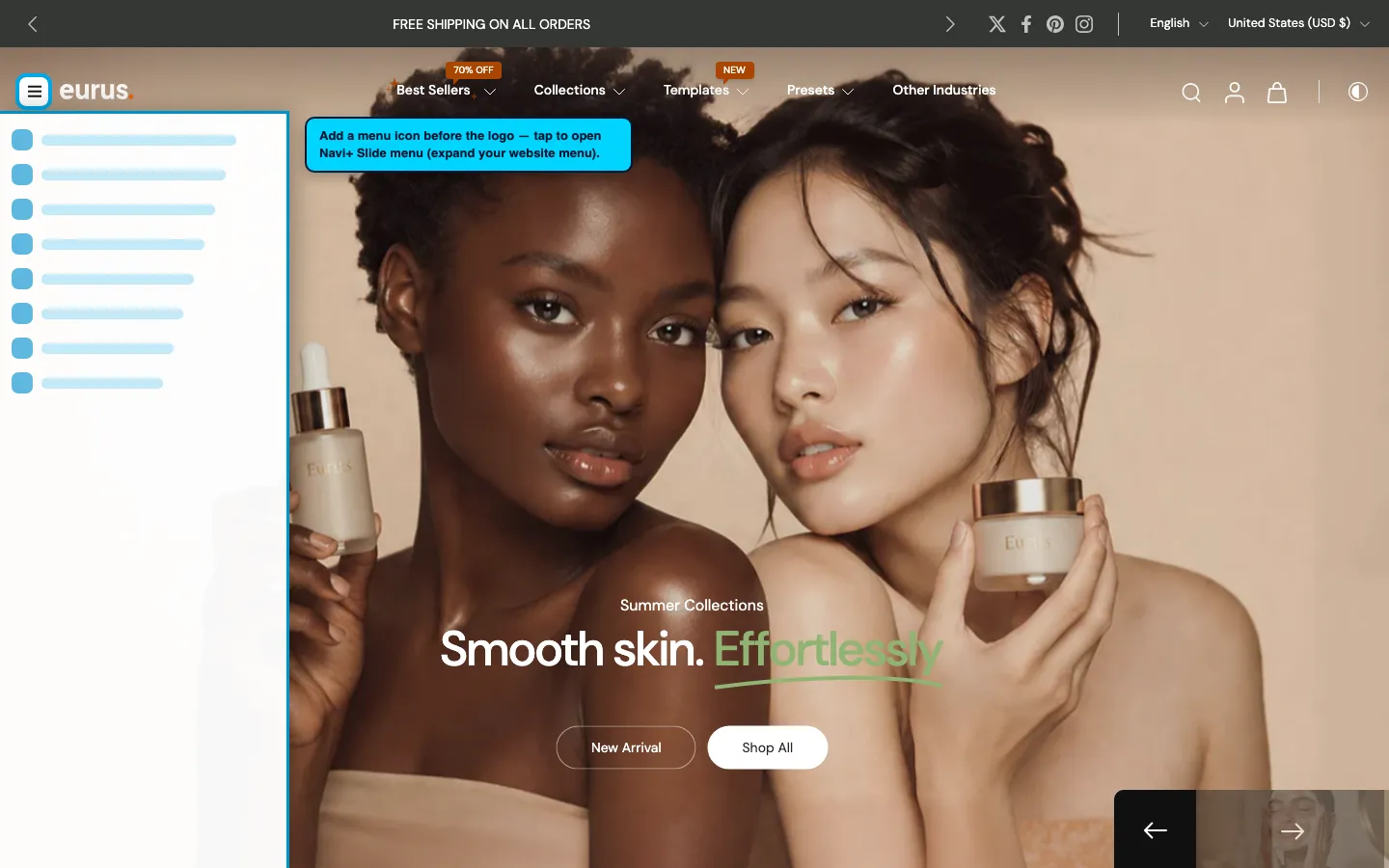 Navi+ trigger icon before the logo on the Eurus Shopify theme