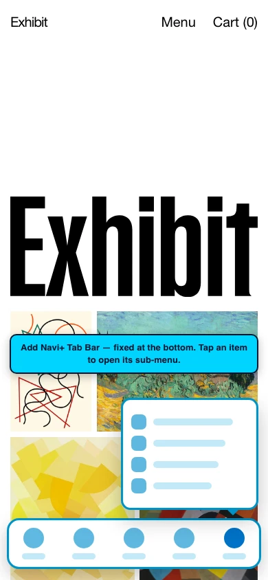 Navi+ Tab Bar on the Exhibit Shopify theme Navi+ Tab Bar on the Exhibit Shopify theme
