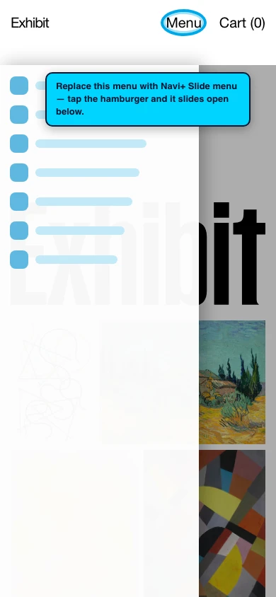 Navi+ Slide Menu on the Exhibit Shopify theme Navi+ Slide Menu on the Exhibit Shopify theme