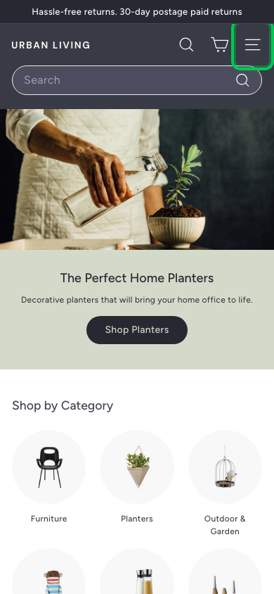 Hamburger → panel opened — Navi+ on the Expanse Shopify theme Hamburger → panel opened — Navi+ on the Expanse Shopify theme